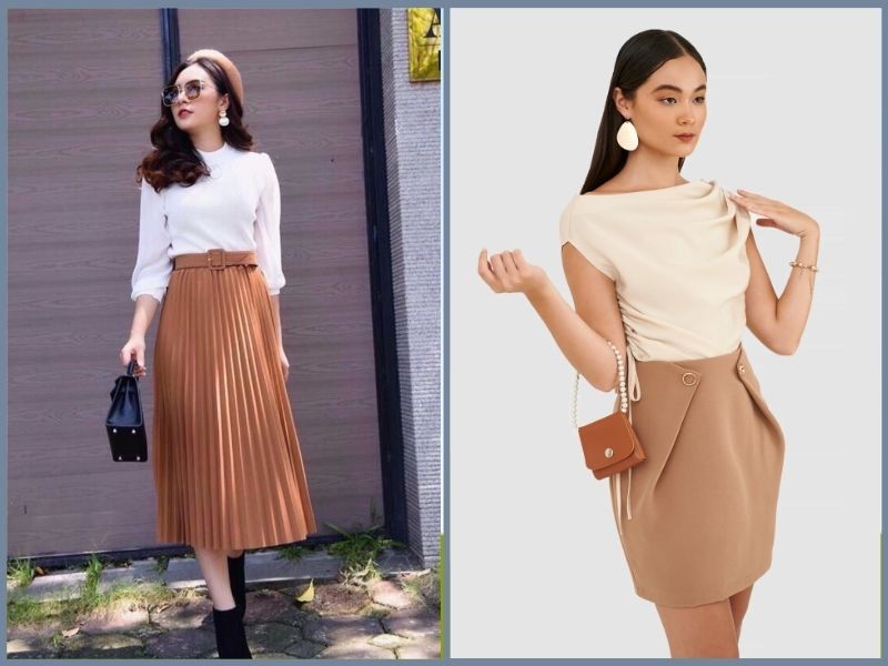 chân váy nâu phối với áo màu gì