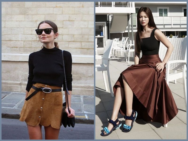 chân váy nâu kết hợp áo màu gì