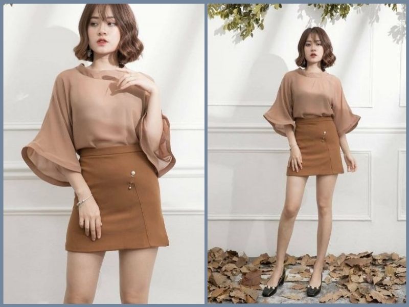 chân váy nâu tây mặc với áo gì