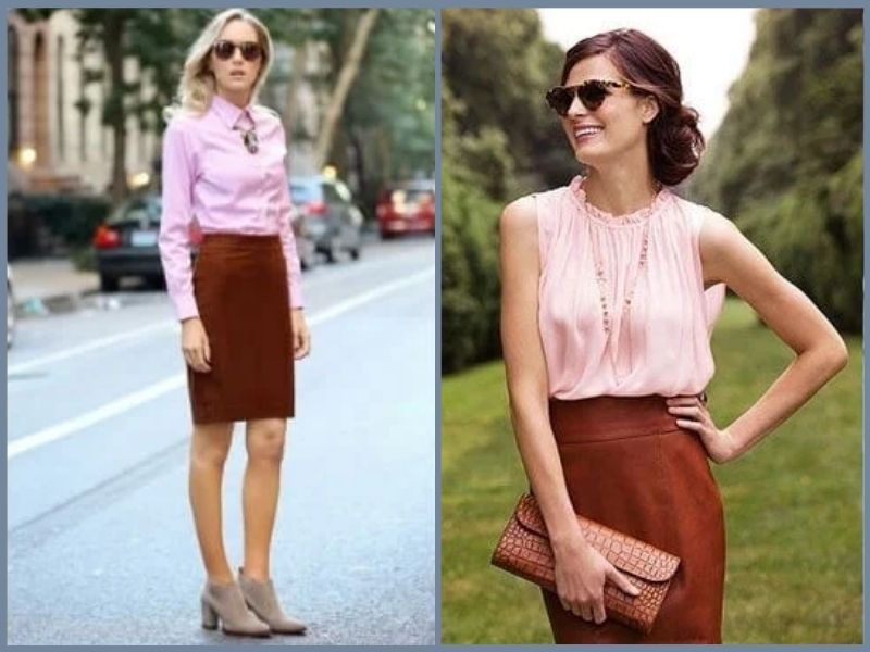 chân váy chữ a màu nâu mặc với áo gì