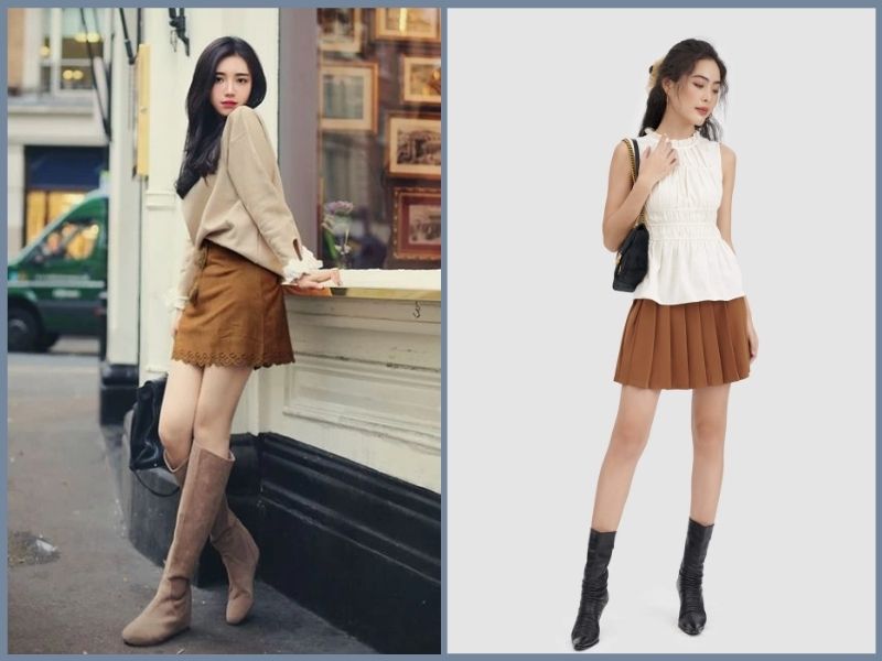 chân váy xếp ly màu nâu mặc với áo gì