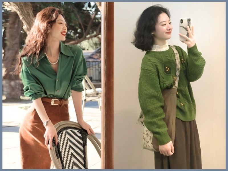 chân váy nâu xòe mặc với áo gì