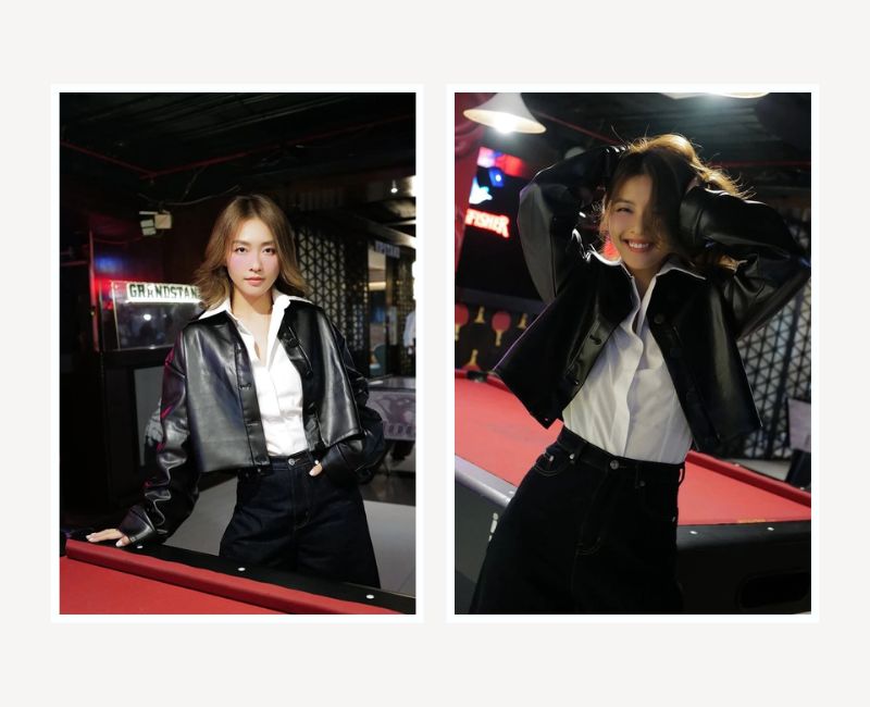 phối đồ với áo khoác da nữ