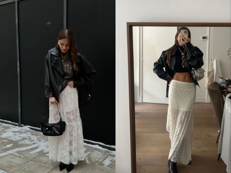 phối đồ với áo khoác da lộn nữ