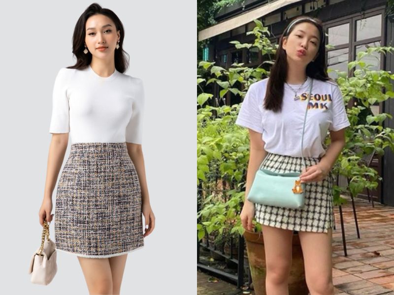 phối đồ với chân váy dạ tweed ngắn và áo thun