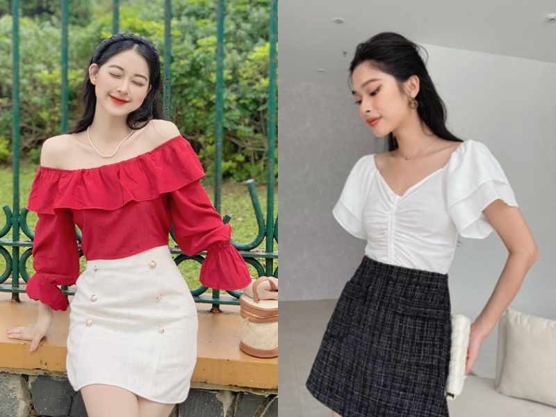 phối đồ với chân váy dạ tweed ngắn với áo trễ vai