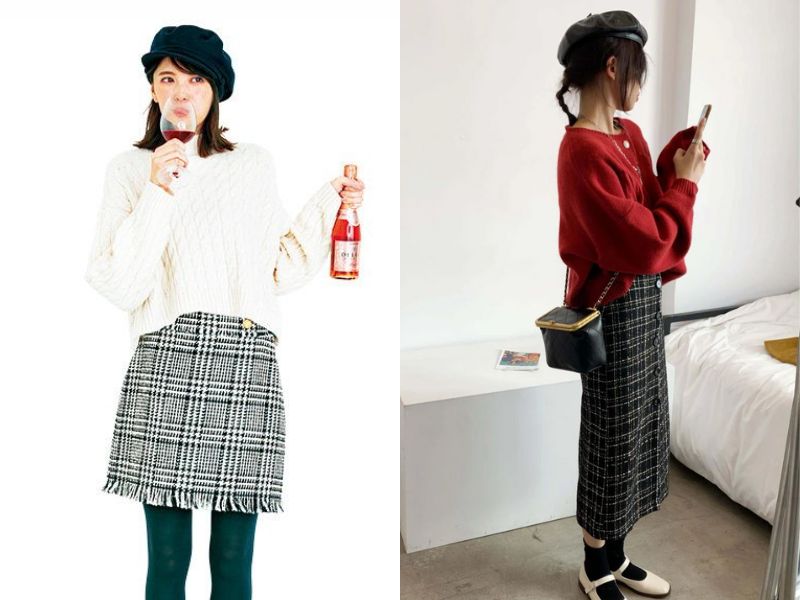 phối đồ với chân váy dạ tweed ngắn với áo len