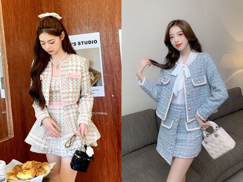 phối đồ với chân váy dạ tweed ngắn với áo khoác dạ tweed