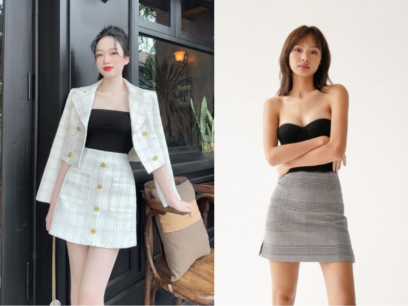 phối đồ với chân váy dạ tweed ngắn với áo ống