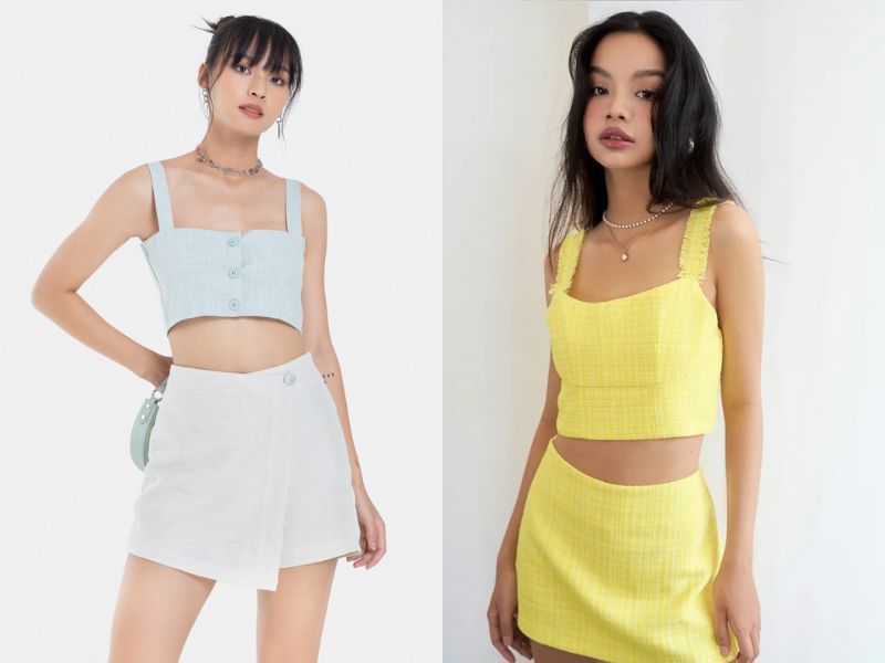 phối đồ với chân váy dạ tweed ngắn với áo croptop hai dây