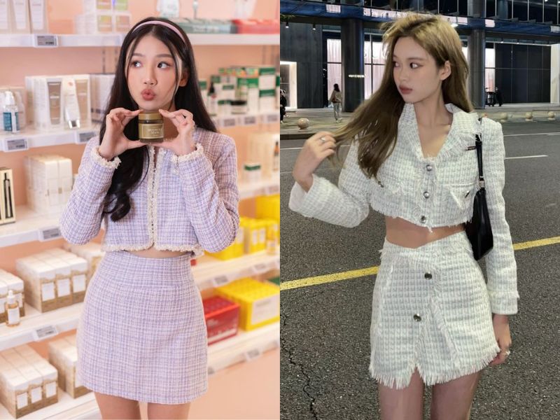 phối đồ với chân váy dạ tweed ngắn với áo croptop tay dài