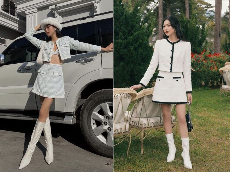 Outfit phối váy dạ tweed với giày boots