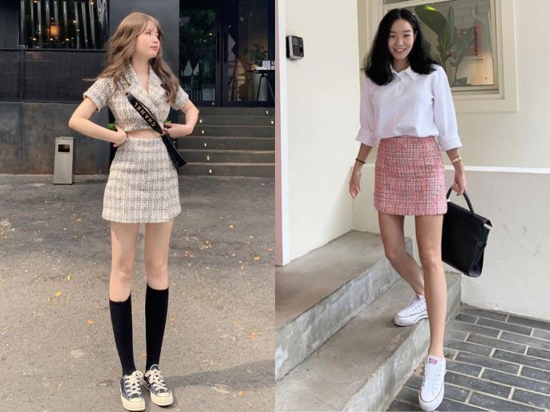 phối đồ với chân váy dạ tweed ngắn với giày thể thao (Nguồn: afamily - Pinterest)