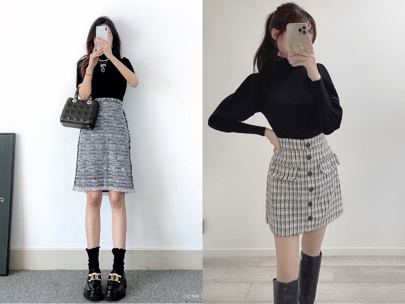 phối với áo thun tay dài với chân váy dạ tweed