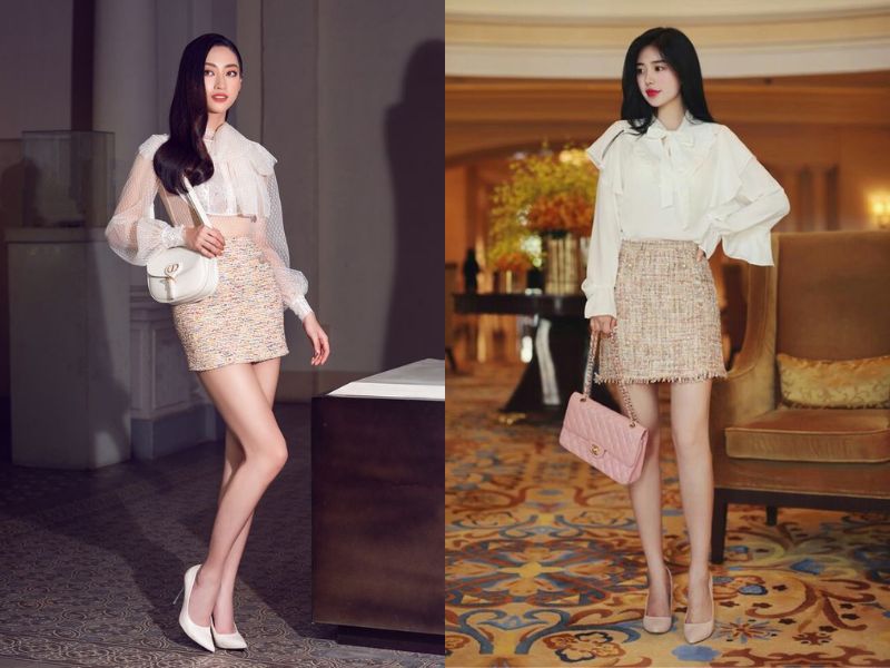 phối đồ với chân váy dạ tweed ngắn với giày cao gót (Nguồn: afamily - Pinterest)