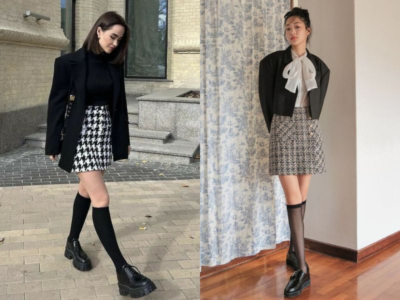 phối đồ với chân váy dạ tweed ngắn với giày oxford