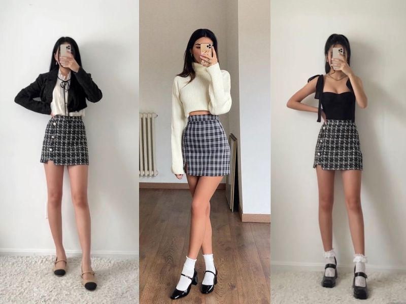 phối đồ với chân váy dạ tweed ngắn với giày Mary Jane