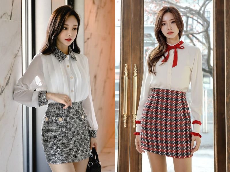 phối đồ với chân váy dạ tweed ngắn và áo sơ mi
