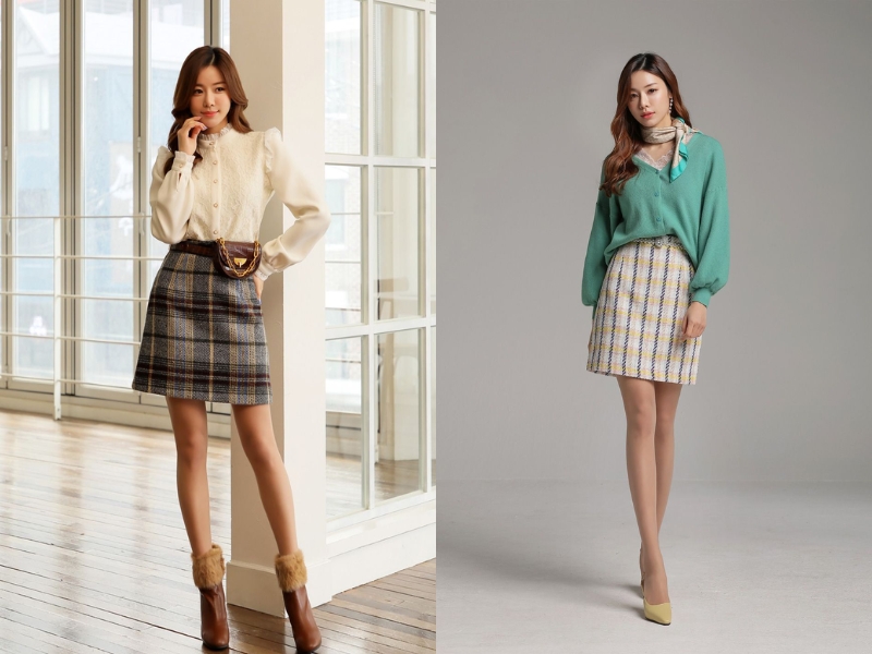 Phối áo sơ mi với chân váy dạ tweed ngắn