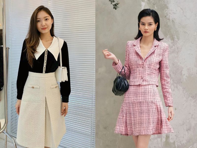 phối đồ với chân váy dạ tweed dáng ngắn với áo cổ tim