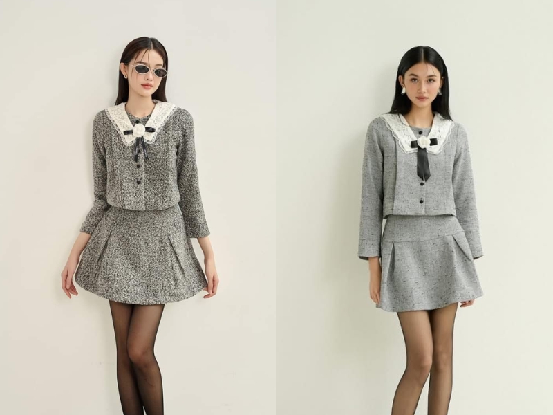 Phối chân váy dạ tweed và áo cổ tim