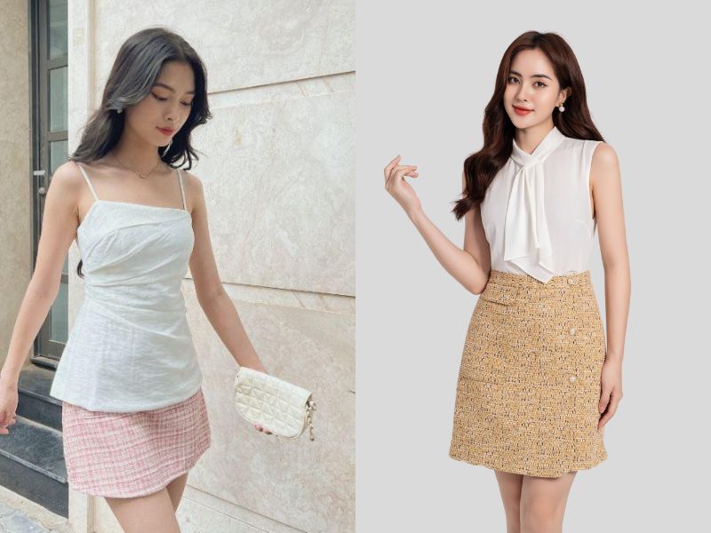 phối đồ với chân váy dạ tweed ngắn và áo hai dây hoặc áo sát nách