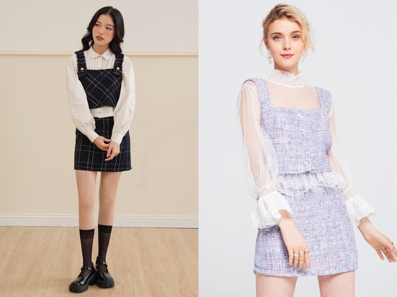phối chân váy dạ tweed với áo sát nách và áo sơ mi hoặc áo voan