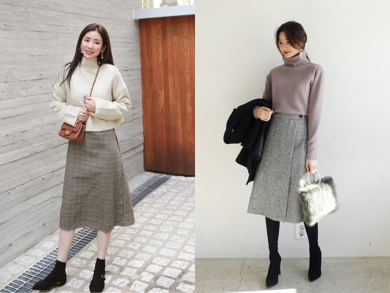 phối chân váy tweed với áo cổ lọ