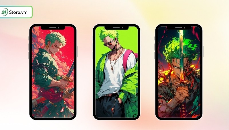 Hình nền Zoro 4K cho điện thoại tỉ lệ 9:16, gam xanh lá đặc trưng