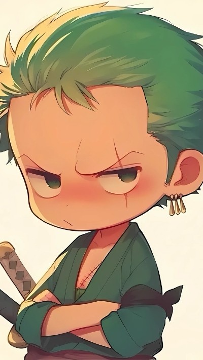 Zoro phiên bản chibi đáng yêu, nền sáng, phù hợp chủ đề hoạt họa