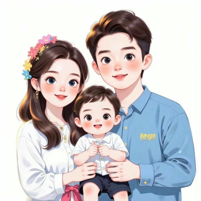Ảnh gia đình chibi ba người mặc đồ xanh dương đẹp