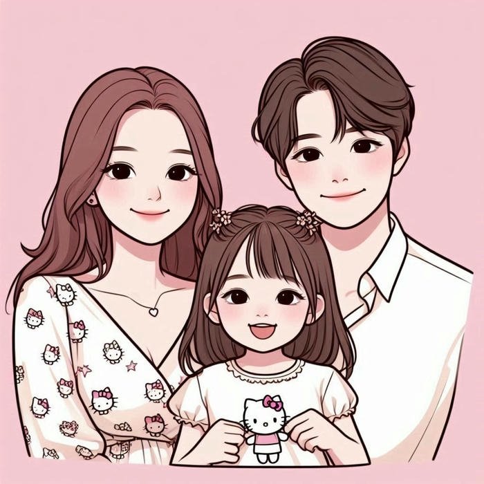 Ảnh gia đình chibi mẹ bế bé gái bố đứng sau