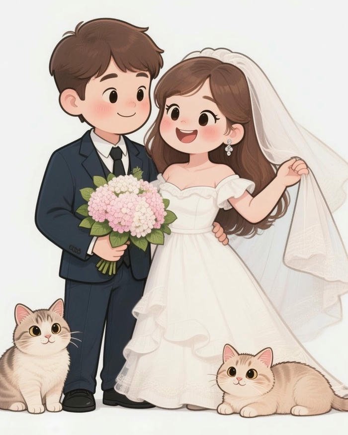 Avatar gia đình chibi mặc đồ cưới chụp cùng mèo cưng