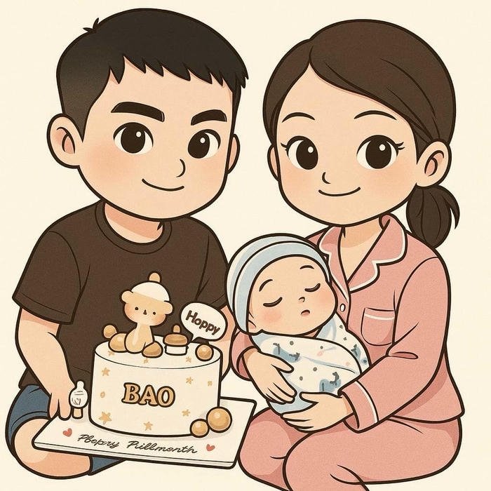 Hình gia đình chibi cute bên chiếc bánh sinh nhật lớn