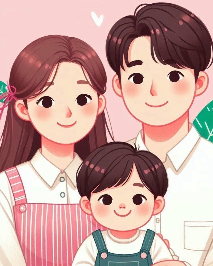 Tranh vẽ gia đình chibi ba người cười tươi rạng rỡ