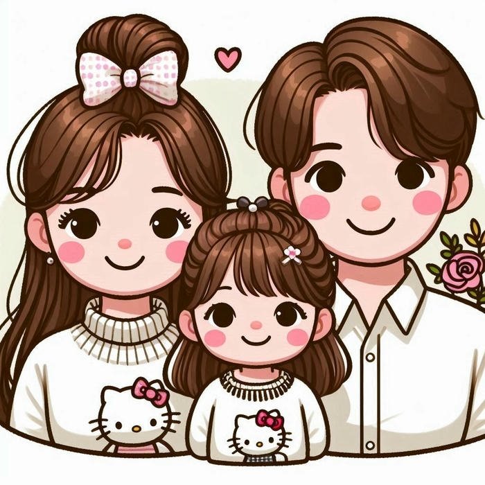 Tranh vẽ gia đình chibi ba người nét vẽ to tròn