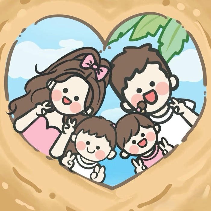 Ảnh gia đình chibi bốn người trong khung trái tim biển