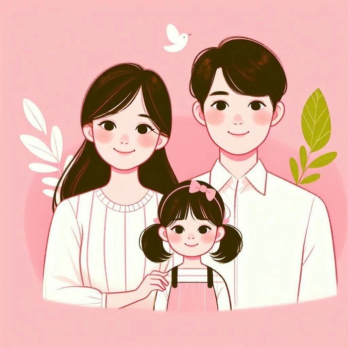 Ảnh gia đình chibi chụp ảnh kỷ niệm khung màu hồng