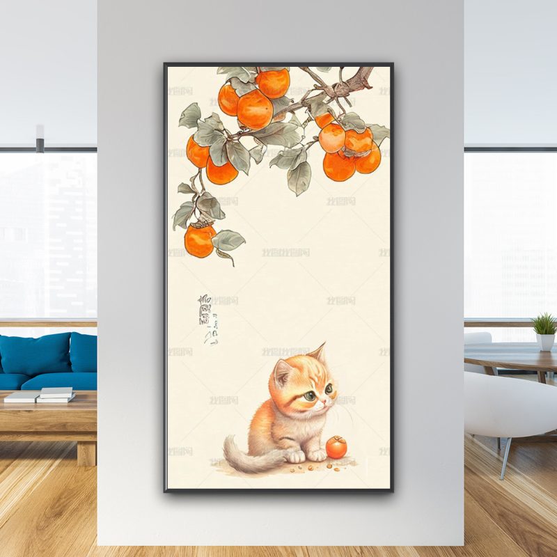 Tranh cành hồng trĩu quả và chú mèo cute TCH8086