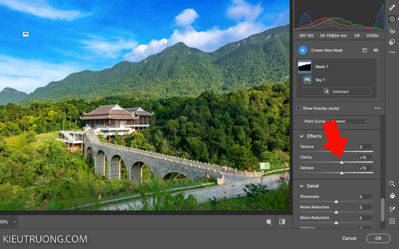 Điều chỉnh Clarity và Dehaze để làm màu trời xanh trong Photoshop