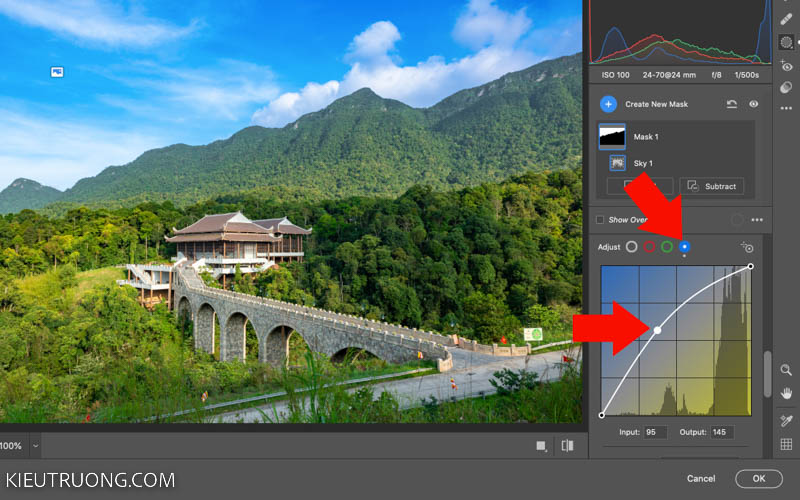 Nhấn vào Curve chọn kênh Blue để làm bầu trời xanh hơn trong Photoshop