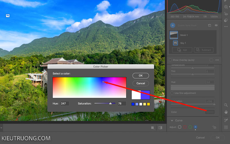 Nhấn vào Color chọn màu xanh cho bầu trời trong Camera Raw