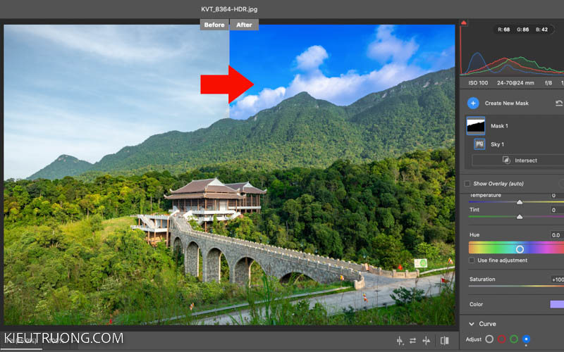 Ảnh trước và sau khi chỉnh màu bầu trời xanh trong Camera Raw
