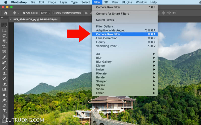 Nhấn vào Filter chọn mở Camera Raw